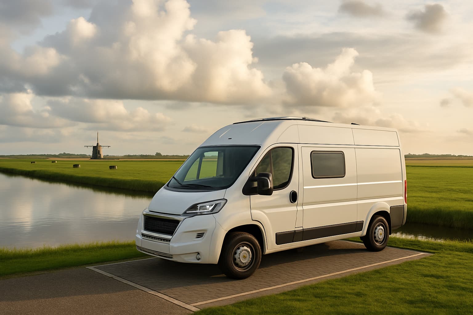 Witte camper zonder merk geparkeerd op een camperplaats aan een Nederlandse vaart, met vlak polderlandschap, koeien en een molen in de verte onder een wolkenlucht