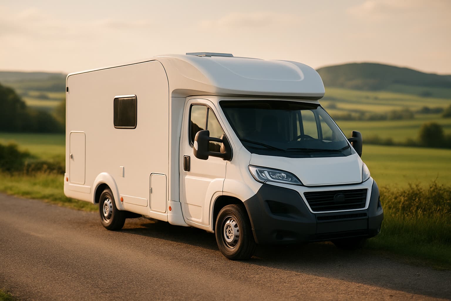 Witte camper zonder merkopdruk op basis van een grote bestelwagen, geparkeerd langs een landweg in glooiend groen landschap bij middaglicht