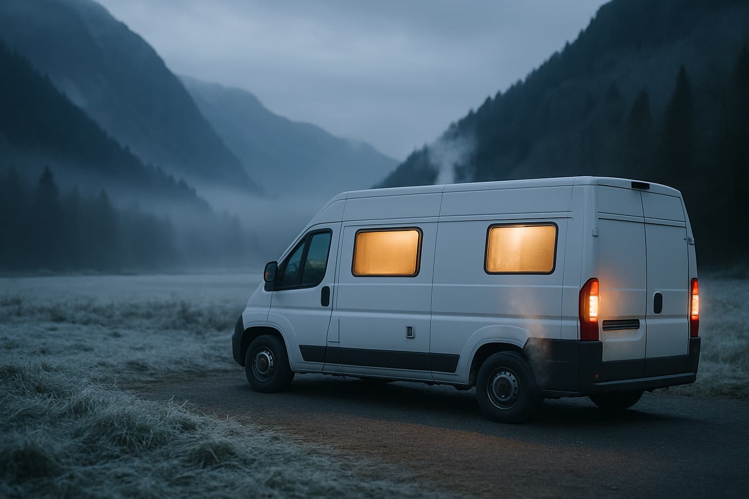 Witte camper zonder merkopschrift op een mistige, vrieskoude ochtend in een bergdal, met een klein dampwolkje bij de uitlaat van de dieselkachel en warm verlichte ramen