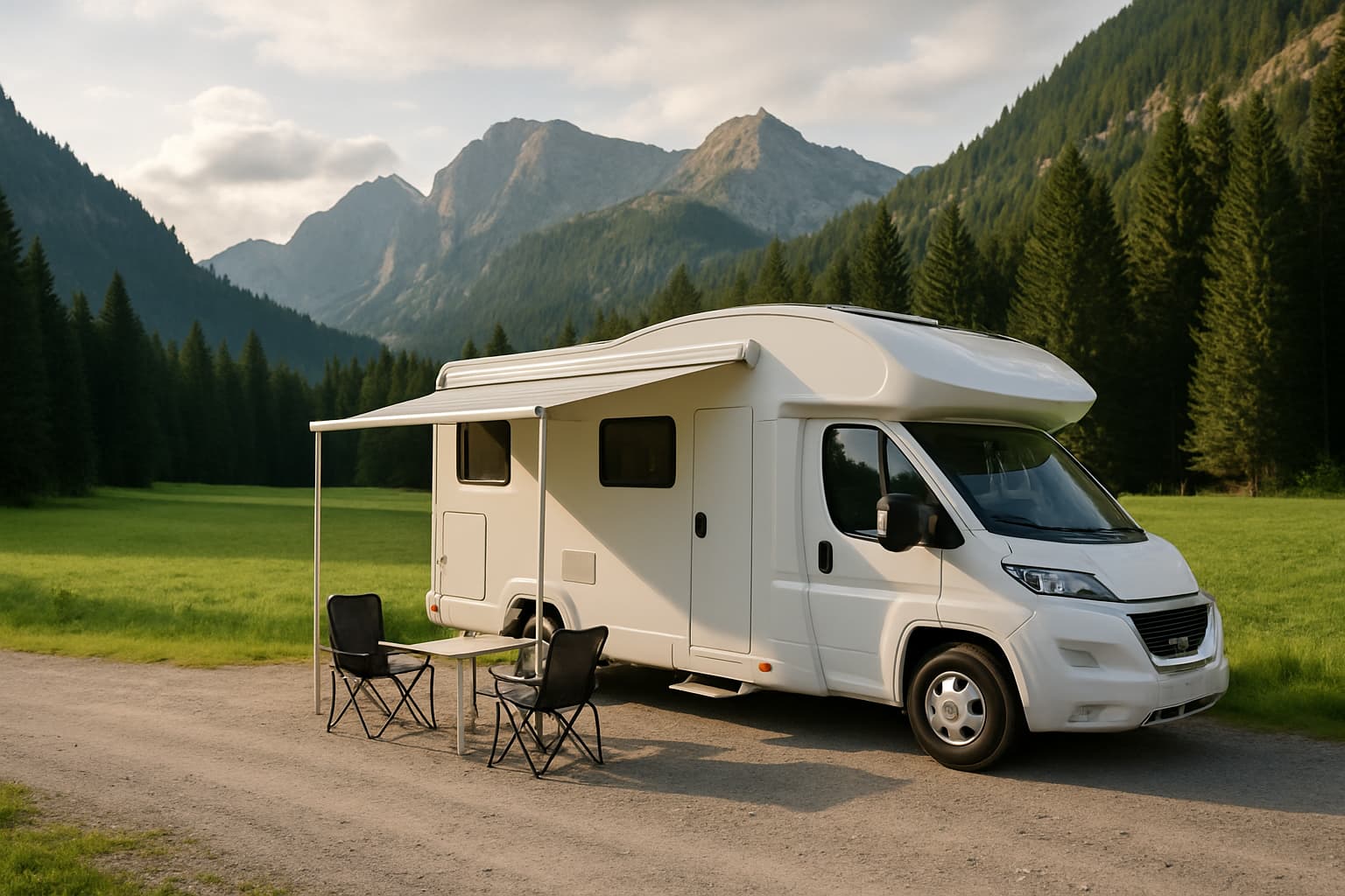 Witte halfintegraal camper zonder merktekens geparkeerd langs een alpenweide met bos en bergen op de achtergrond, met uitgeklapte luifel en campingstoelen ernaast