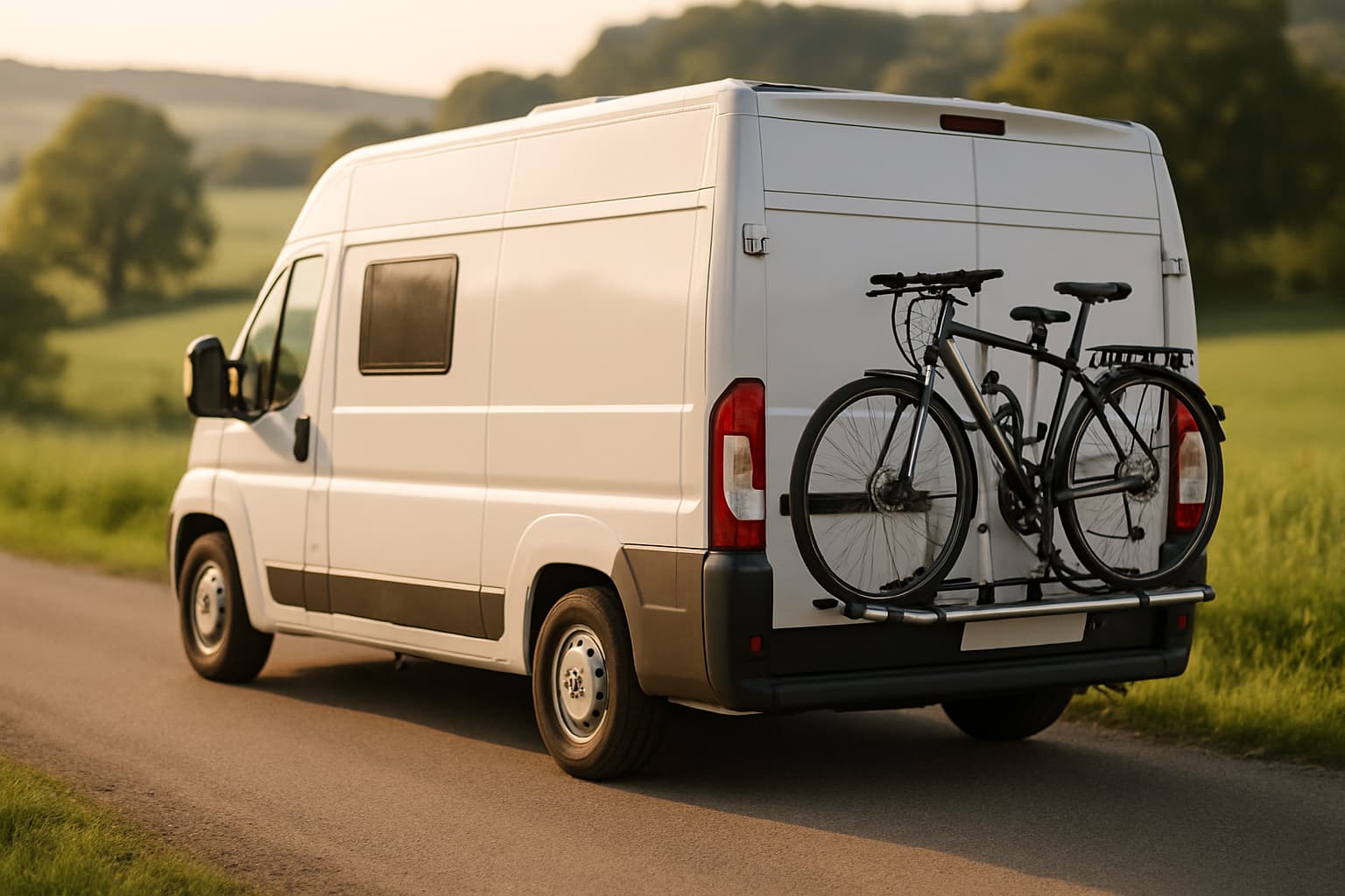 Witte camper op een landweg met een fietsendrager achterop waarop twee fietsen zijn vastgezet, in avondlicht met groene heuvels op de achtergrond