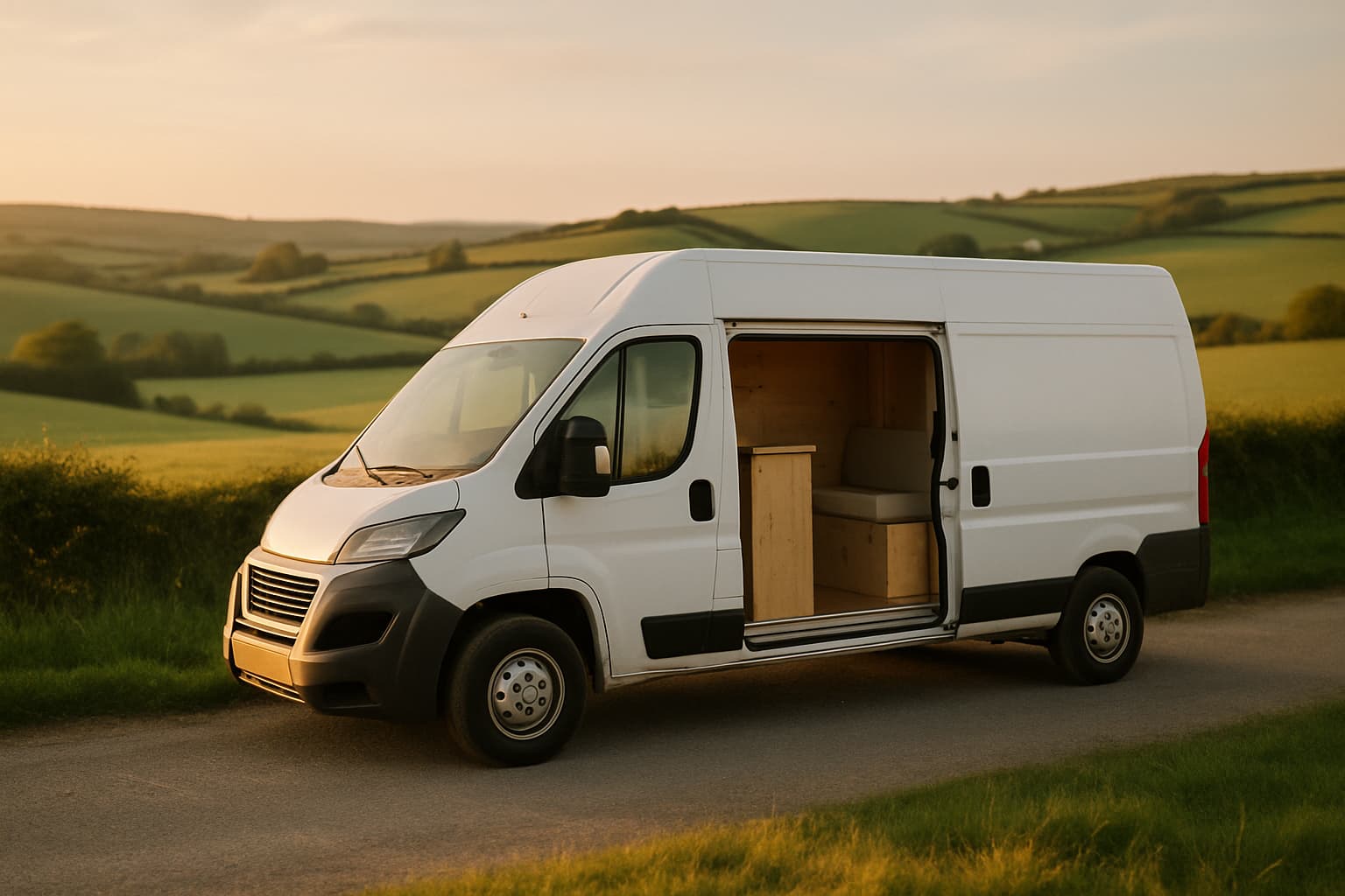 Neutrale witte camper zonder logo's geparkeerd langs een landweg in een heuvelachtig landschap bij avondlicht, met de zijdeur open.