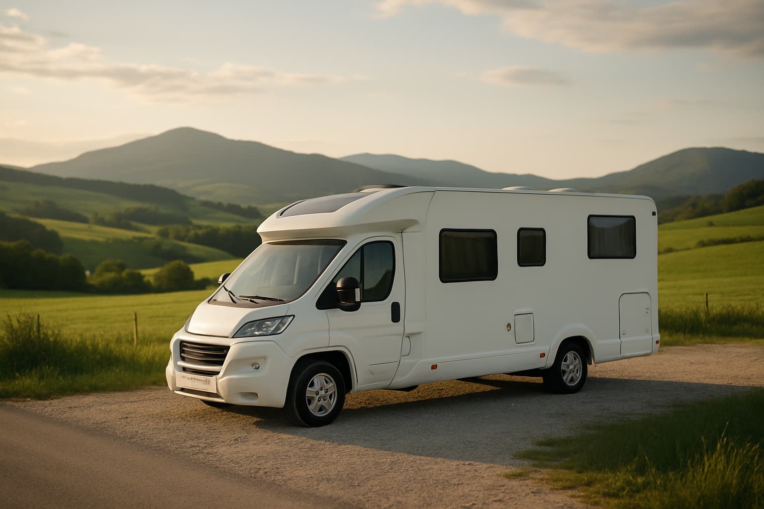 Witte half-integraal camper zonder alkoof geparkeerd langs een landweg in een heuvellandschap bij avondlicht