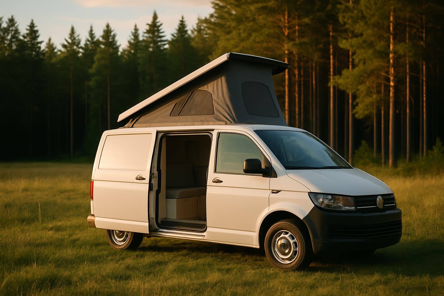 Witte compacte camper met opgeklapt hefdak op een grasveld bij een dennenbos in het avondlicht, met geopende schuifdeur