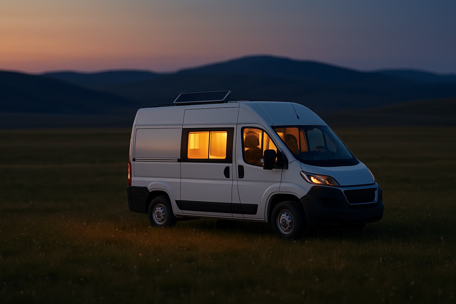 Neutrale witte camper met zonnepaneel op het dak staat vrij in een weiland in de schemering, met zacht verlicht interieur