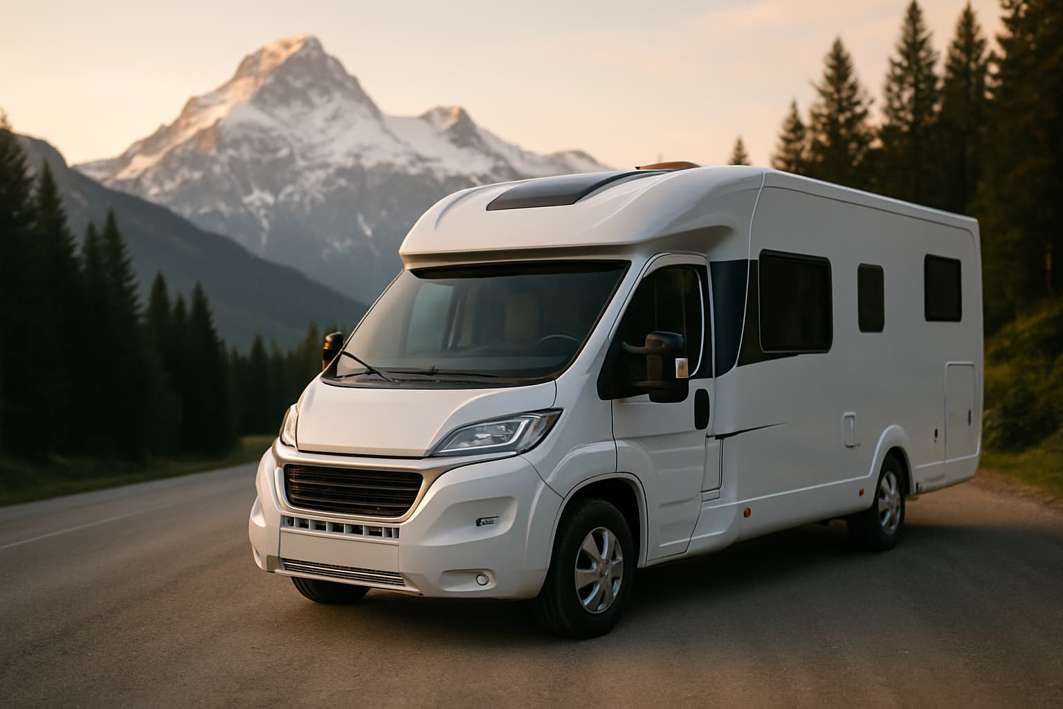 Moderne witte halfintegraal camper zonder merklogo geparkeerd langs een bergweg bij zonsondergang, met besneeuwde bergtoppen op de achtergrond