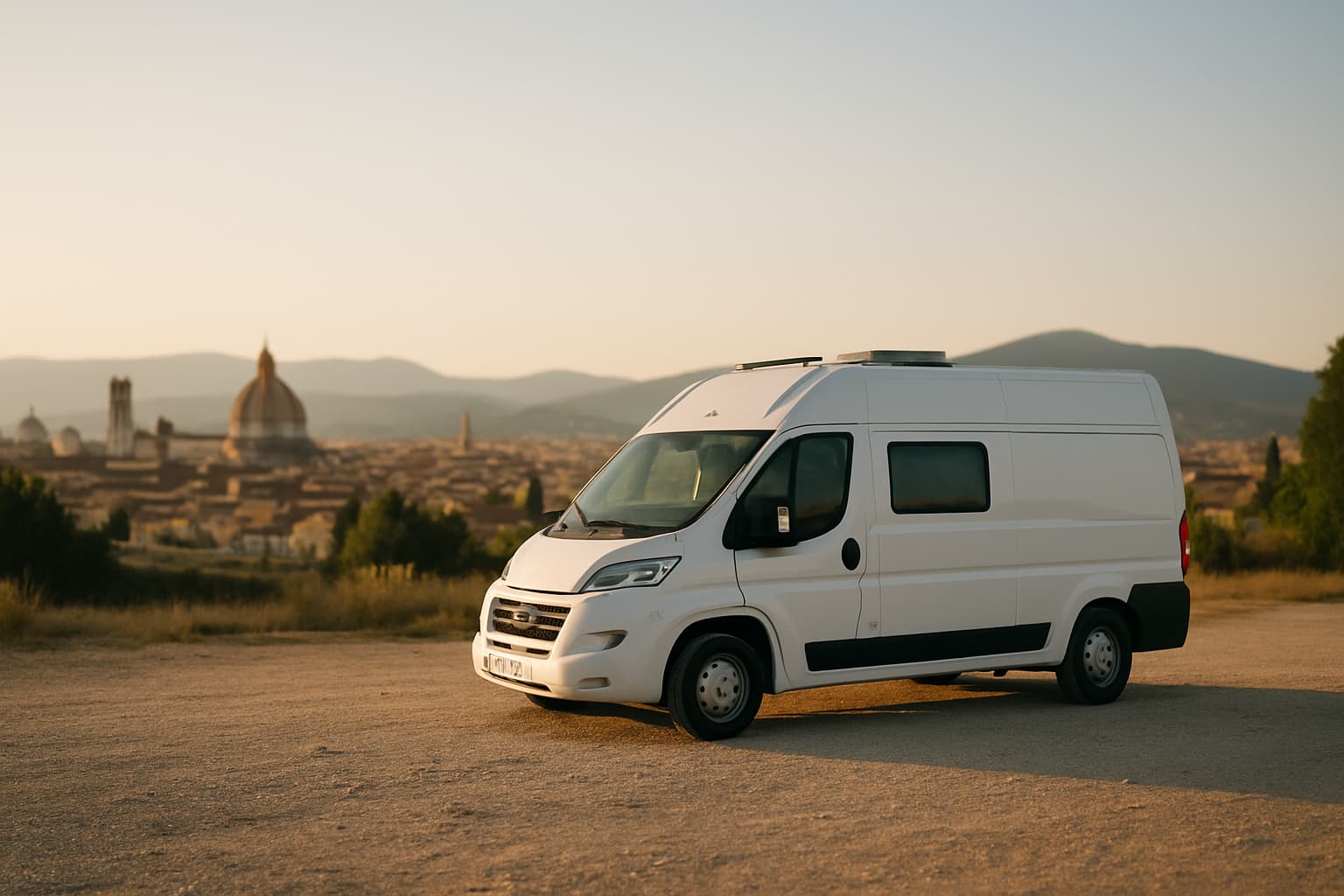 Witte, merkloze compacte camper geparkeerd op een zonnig grindterrein aan de rand van een stad, met heuvels op de achtergrond in het late middaglicht
