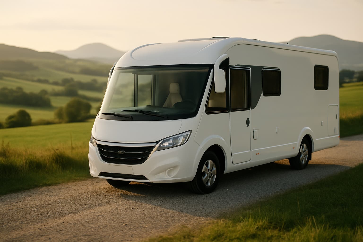 Grote witte integraal camper met breed panoramisch voorraam geparkeerd langs een landweg in een heuvelachtig landschap in het late middaglicht