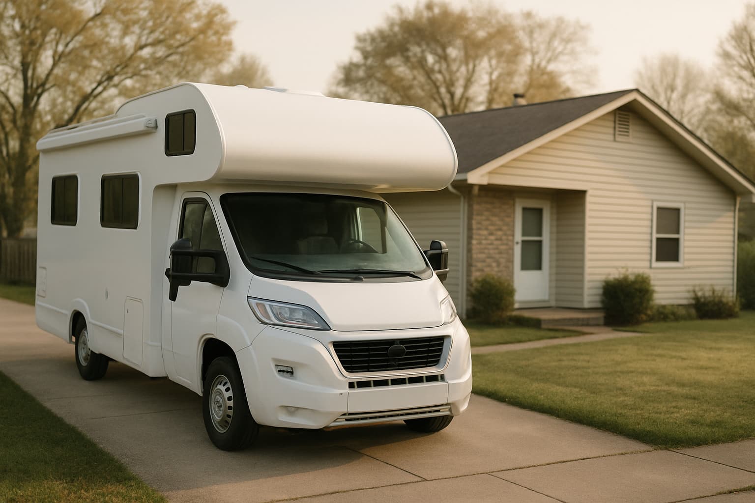 Een neutrale witte camper geparkeerd op een oprit voor een woonhuis in zacht ochtendlicht
