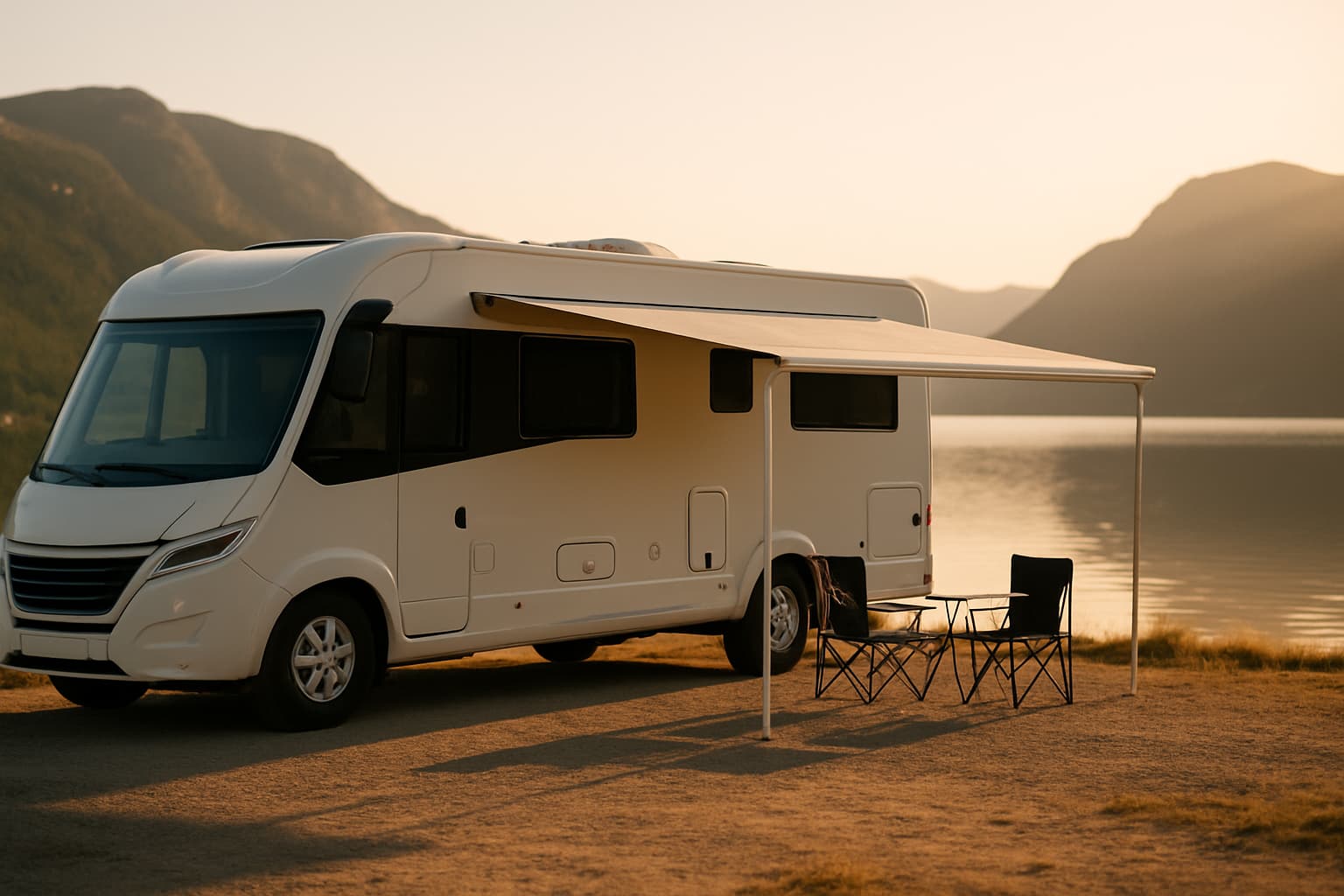 Grote moderne witte luxe camper met uitgeschoven luifel geparkeerd bij een meer met bergen in warm avondlicht
