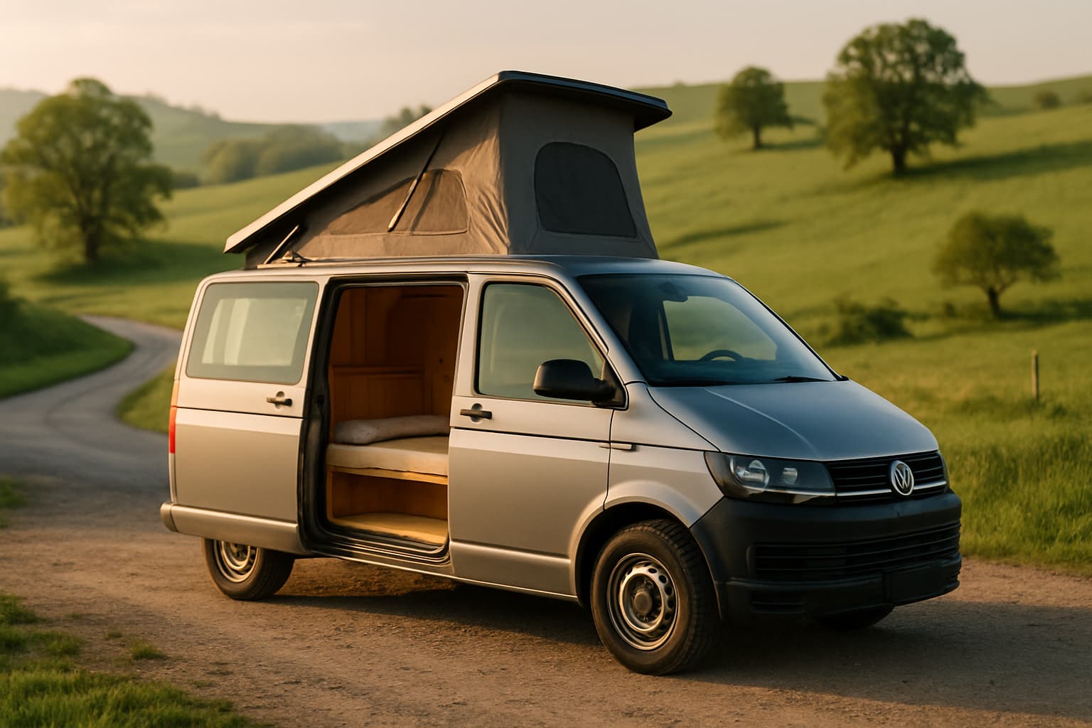 Compacte zilvergrijze camperbus met hefdak en open schuifdeur, geparkeerd langs een landweg in glooiend groen heuvellandschap in het late middaglicht