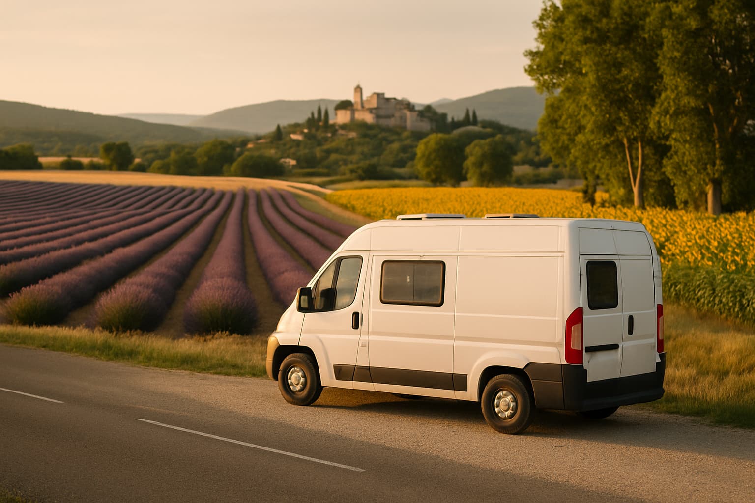Witte camper zonder merktekens geparkeerd langs een landweg in Frankrijk met lavendelvelden en een dorpje in de verte in het avondlicht