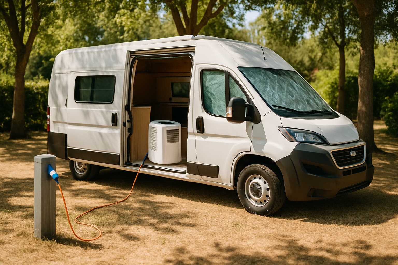 Witte camper zonder merklogo op een zonnige camping met open schuifdeur, een mobiele airco met afvoerslang door het raam en een aansluitkabel naar de walstroompaal
