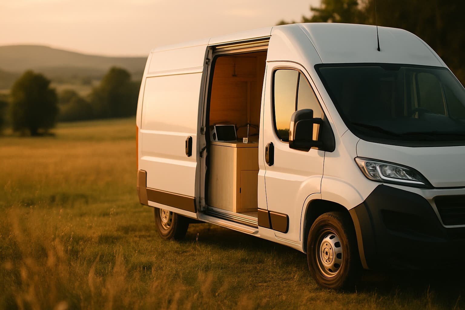 Neutrale witte camper op een rustige open plek in het gouden avondlicht met open zijdeur, waarin een laptop en koffiezetapparaat op het werkblad staan die op 230V uit de accu werken.