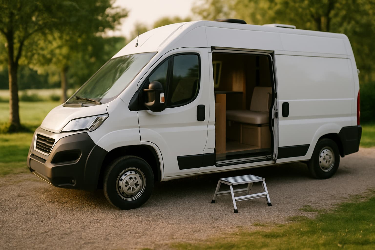 Witte camper met open zijdeur en een los aluminium opstapje op de grond voor de hoge instap, op een rustige camping in het middaglicht