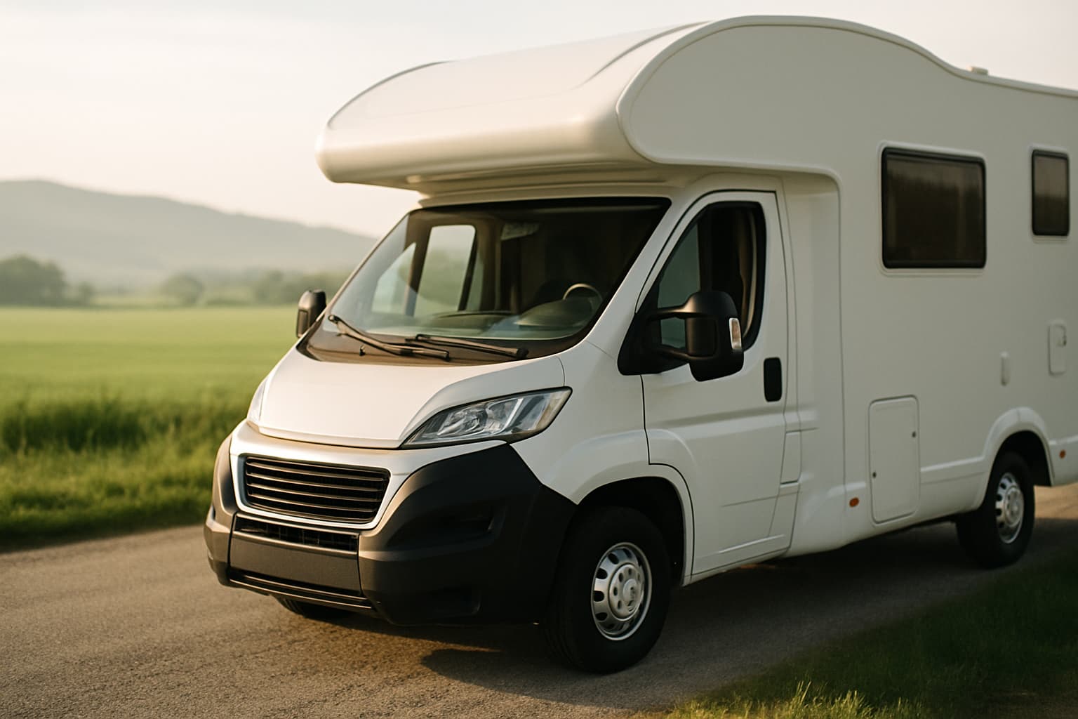 Neutrale witte camper zonder merklogo of kenteken geparkeerd langs een landweg, met zicht op de bestuurderscabine