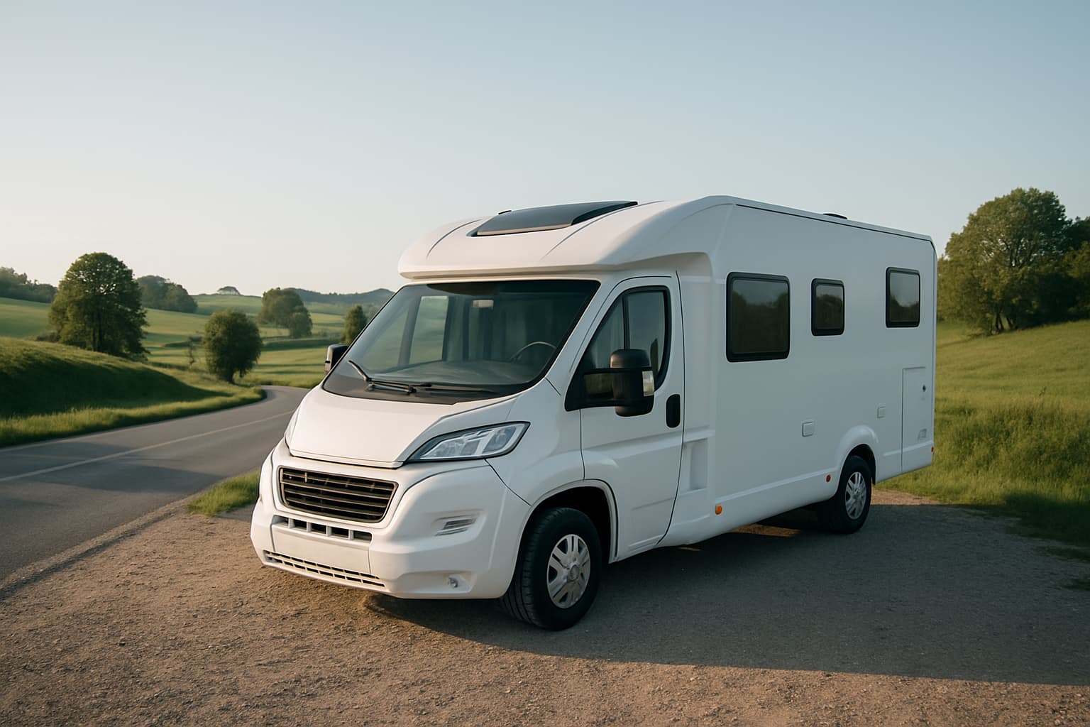 Witte halfintegraal camper zonder merklogo's geparkeerd langs een landweg met glooiende groene heuvels in het middaglicht
