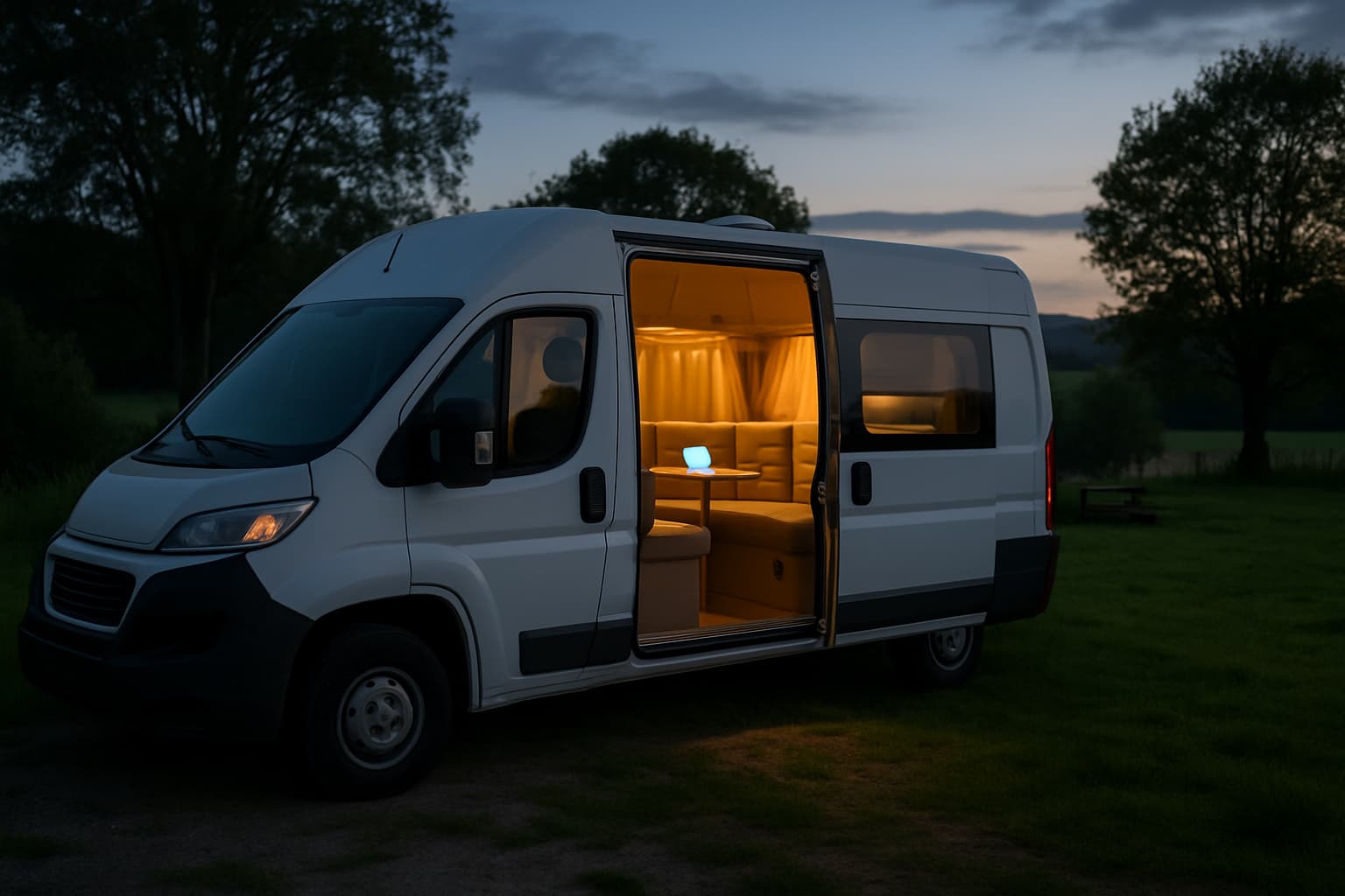 Neutrale witte camper op een rustige camping in de avondschemering, met warm licht binnen en een tablet op de tafel in de zithoek.