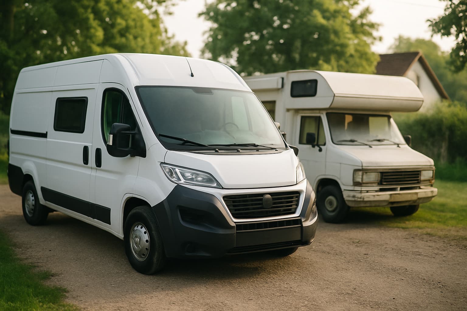 Een neutrale witte camper naast een oudere tweedehands camper op een grindoprit in het ochtendlicht, zonder logo's of kentekens