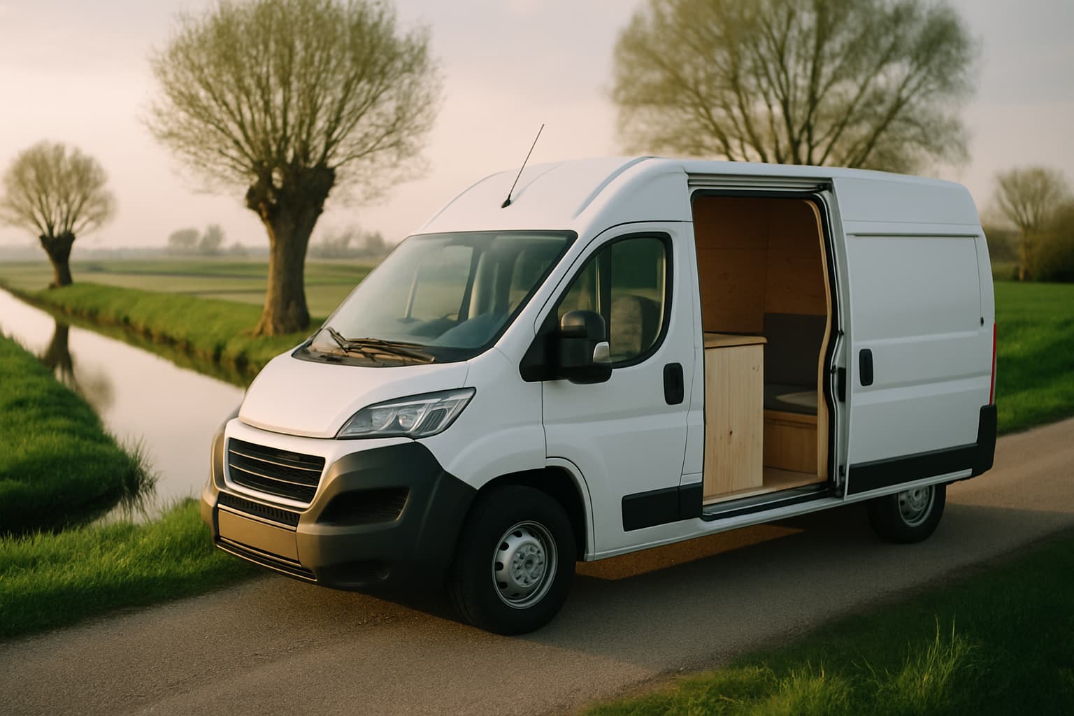 Witte buscamper zonder merktekens geparkeerd langs een Nederlandse polderweg bij een sloot, met open schuifdeur en houten interieur in avondlicht.