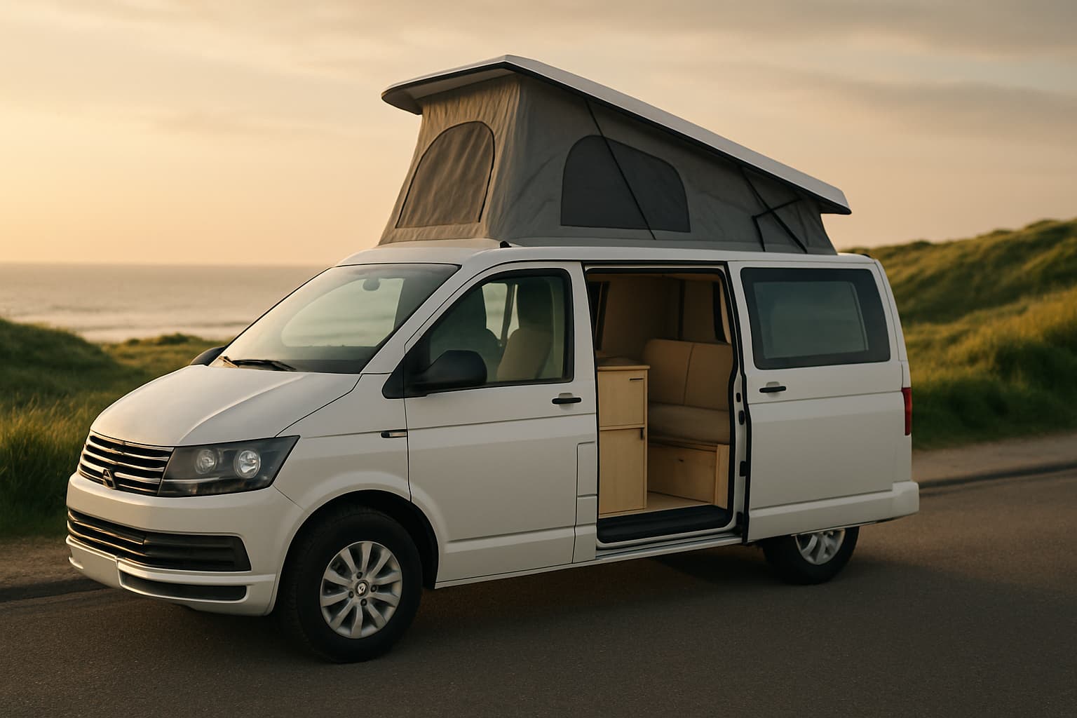 Compacte witte campervan met hefdak en geopende schuifdeur op een rustige kustweg in het gouden avondlicht, met duinen en zee op de achtergrond.