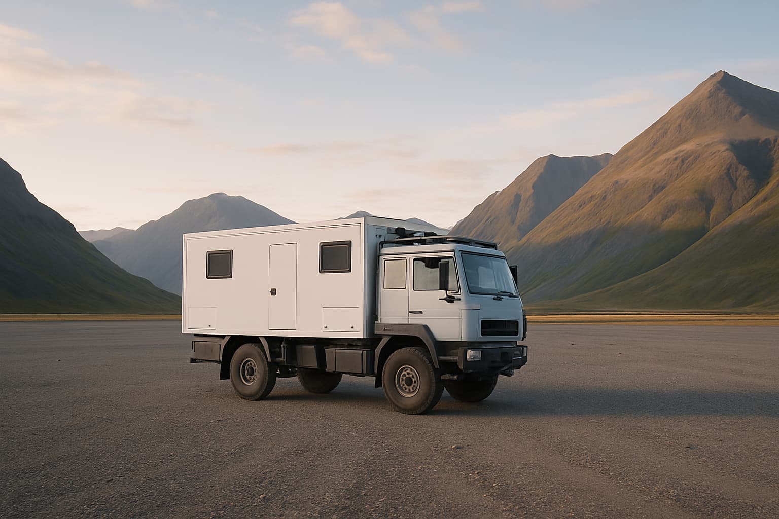 Grote vrachtwagencamper zonder merktekens geparkeerd op een grindvlakte in een bergachtig landschap bij ochtendlicht