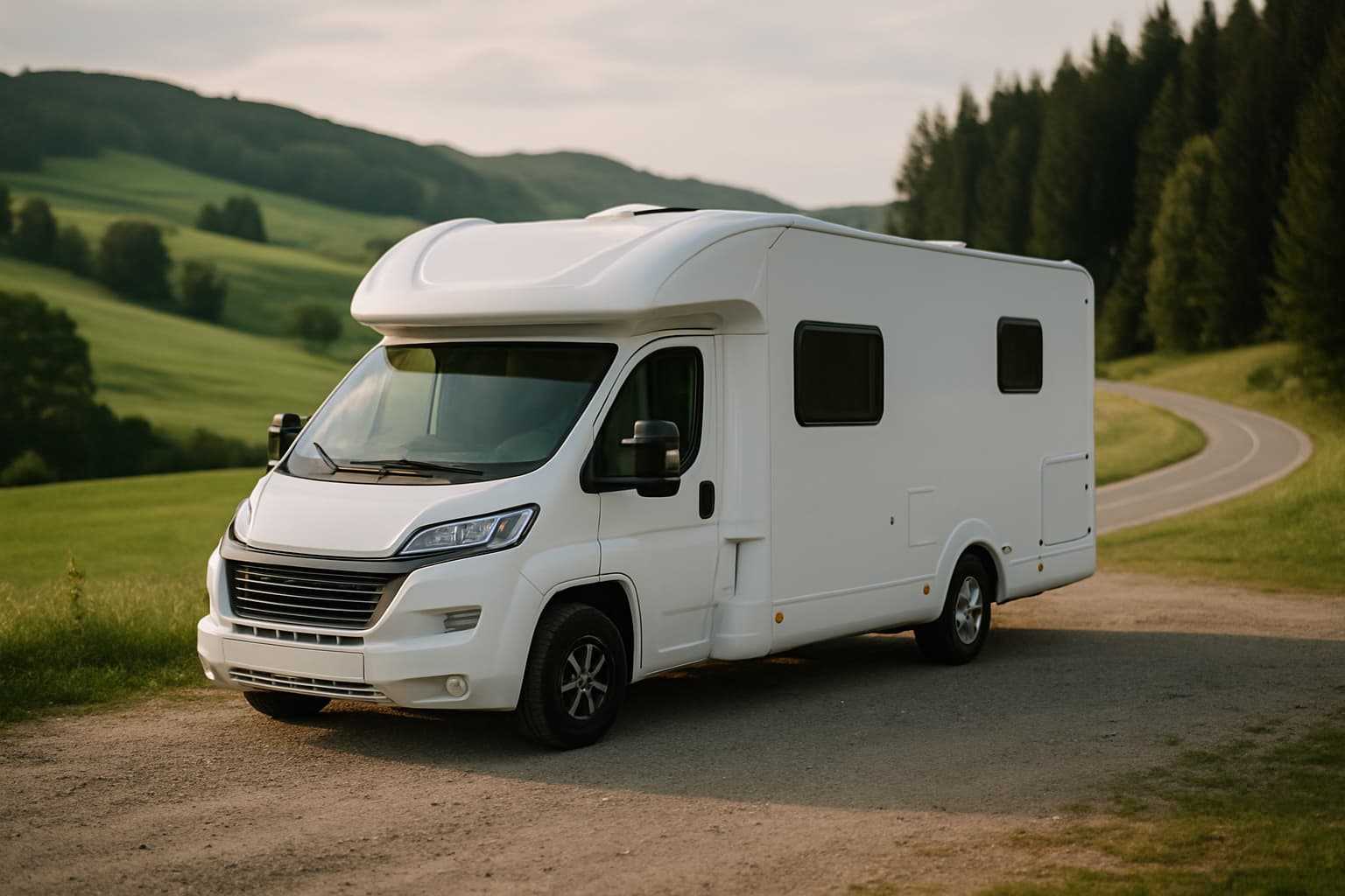 Witte halfintegraal camper zonder merktekens geparkeerd langs een landweg met glooiende heuvels en bos in het late middaglicht